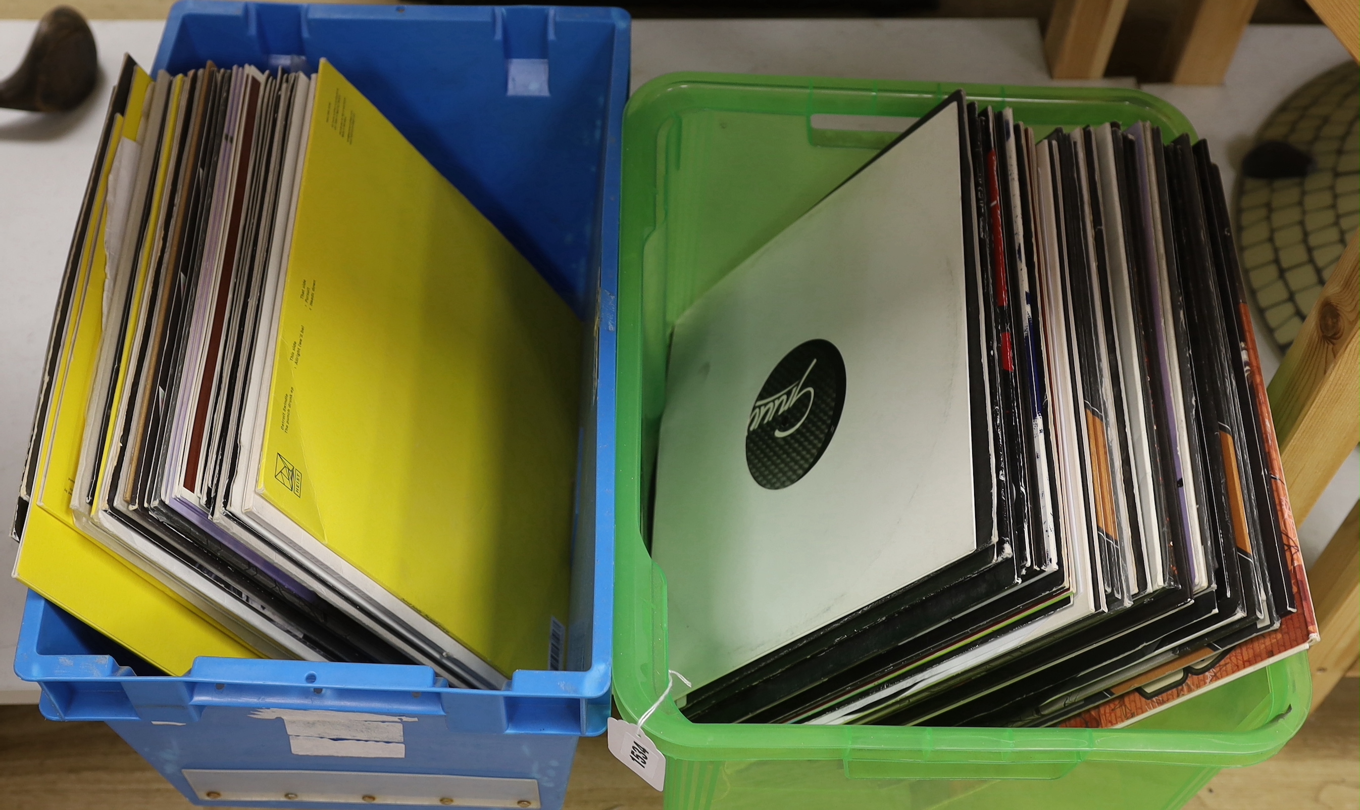 Two boxes of various records, including some White Label issues and small record label pressings